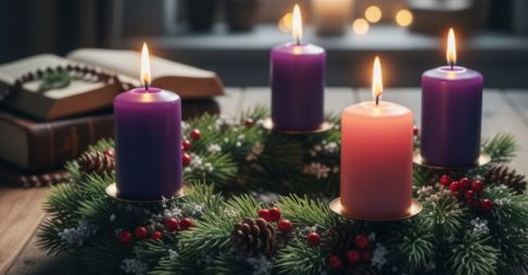 Corona de Adviento. Base de ramas de pino adornada con cuatro velas: tres de color morado y una de color rosa. La corona simboliza el tiempo de espera y esperanza del Adviento.