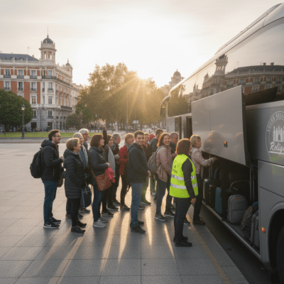 Grupo de peregrinos metiendo las maletas en el maletero del autobus antes de salir de viaje
