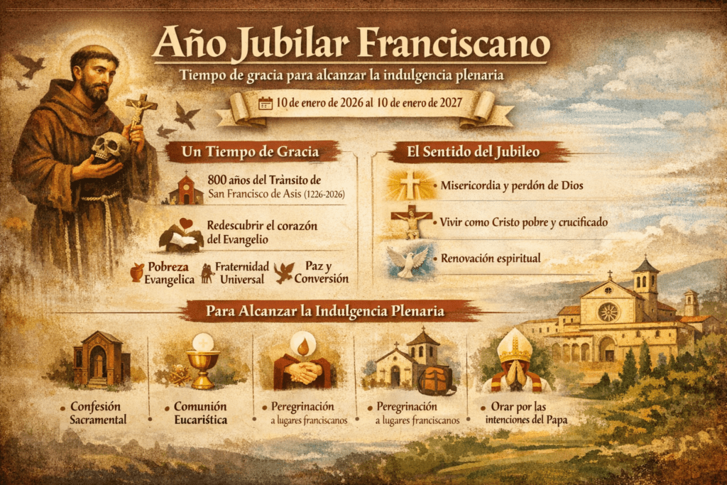 Infografía del Año Jubilar Franciscano (2026–2027), tiempo de gracia para alcanzar la indulgencia plenaria, con referencias a la espiritualidad de San Francisco de Asís y al sentido espiritual del Jubileo.