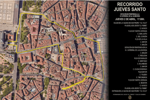 Mapa detallado del itinerario de Jesús Nazareno 'El Pobre' en Jueves Santo 2026, saliendo a las 17:00 desde la iglesia de San Pedro 'El Viejo', pasando por Plazuela de Jesús 'El Pobre', Puerta Cerrada, Plaza de la Villa, Calle Mayor, Catedral de la Almudena y regreso circular.