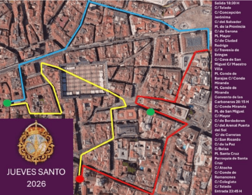 Mapa detallado de los recorridos del Jueves Santo 2026 en Madrid, destacando en línea amarilla el itinerario de la Cofradía del Gran Poder y la Macarena desde la Colegiata de San Isidro por Calle Toledo, Plaza Mayor y Cava de San Miguel.